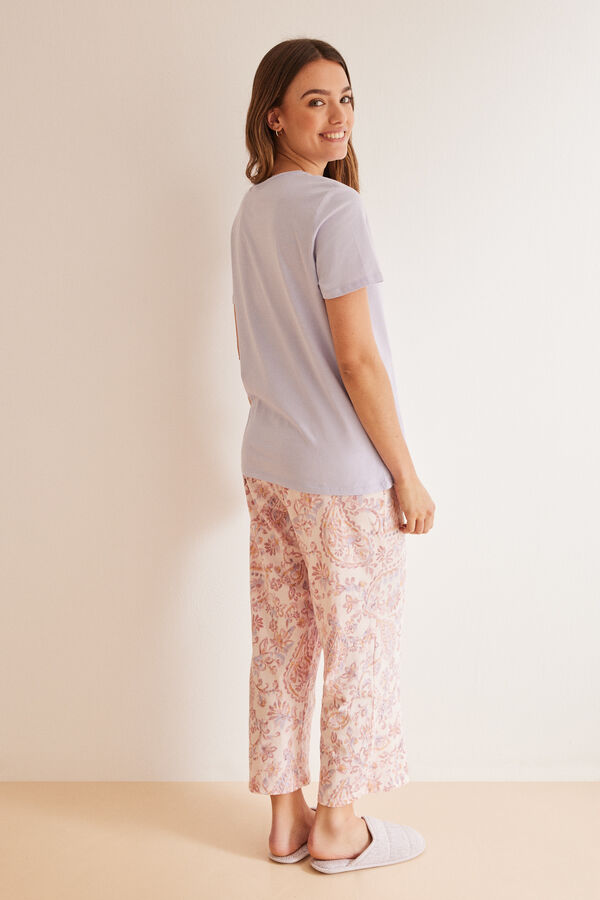 Womensecret Kasmírmintás, mályvaszínű kaprinadrágos pizsama, 100% pamutból rózsaszín