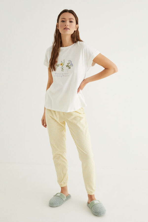 Womensecret Long white gingham 100% cotton pyjamas beige