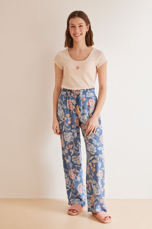 Womensecret Plave duge hlače s cvjetićima S uzorkom