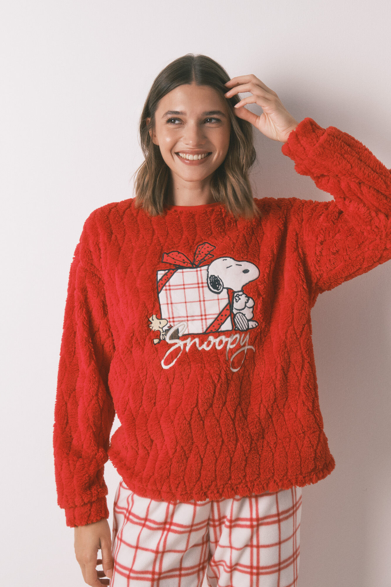 Women'secret Pijama longo de l&atilde; xadrez vermelho Snoopy