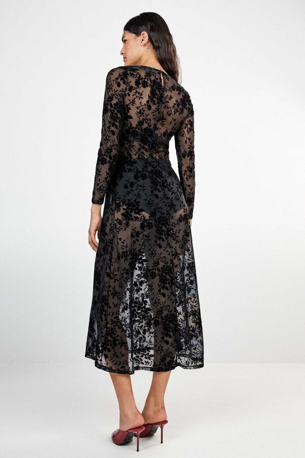 Gisela Floral flocked velvet long dress black