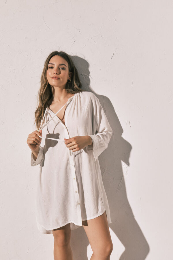 Women'secret Chemise de nuit col mao blanche beige