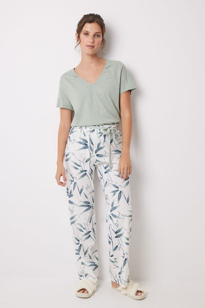 Womensecret 100% Cotton lounge pants with leaf print green