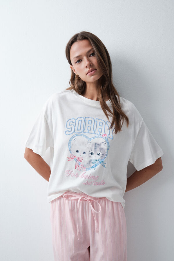 Women'secret White cotton graphic T-shirt beige