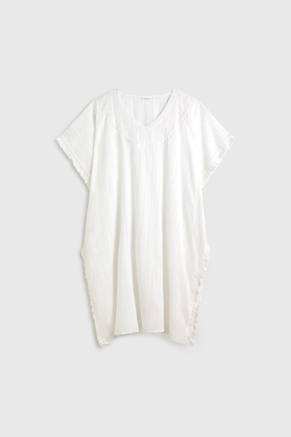 Textura T&uacute;nica aldod&oacute;n larga flecos bordado blanco