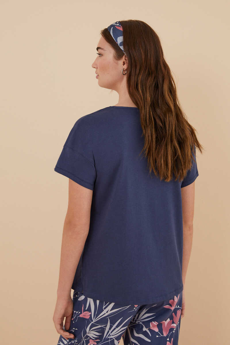 Womensecret T-shirt 100% algodão em azul-marinho com renda, de manga curta azul