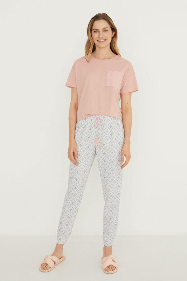 Womensecret Pyjama long 100 % coton rose imprimé fleurs bleu