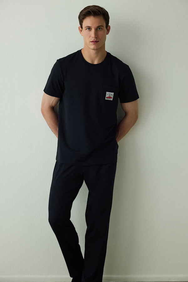 Penti Conjunto de pijama de manga calções com slogan masculino Car preto