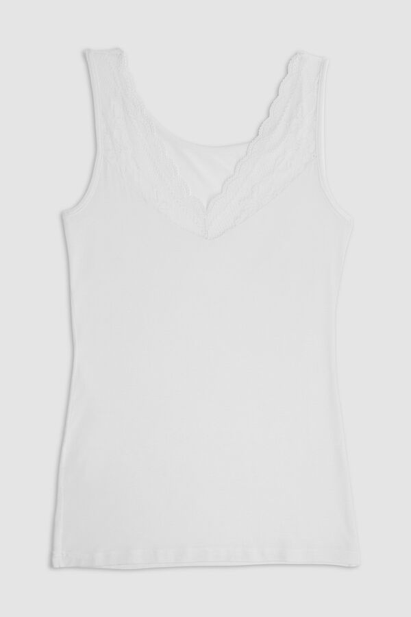 Cotonella Camiseta Sin Mangas Con Cuello V En Encaje blanco