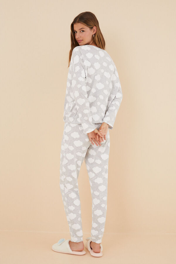 Womensecret Felhőmintás, hosszú szürke pizsama, 100% pamutból szürke