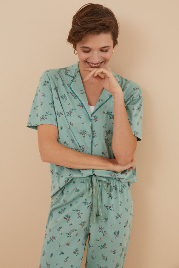 Womensecret Virágmintás, inges pizsama 100% pamutból zöld