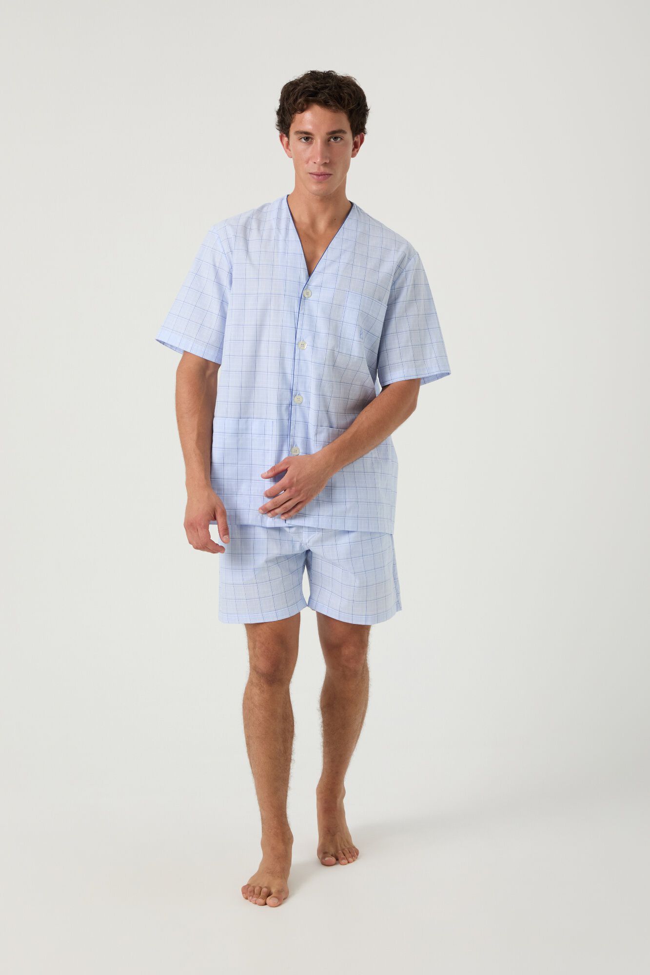 Kiff-Kiff Pijama curto em popelina de xadrez com debrum azul jeans