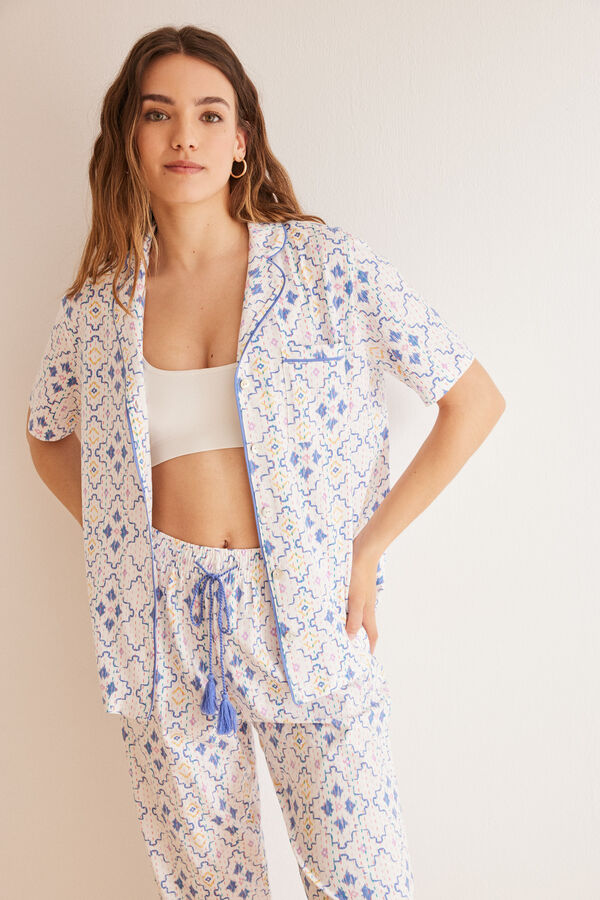 Womensecret Rombuszmintás, inges pizsama, 100% pamutból fehér