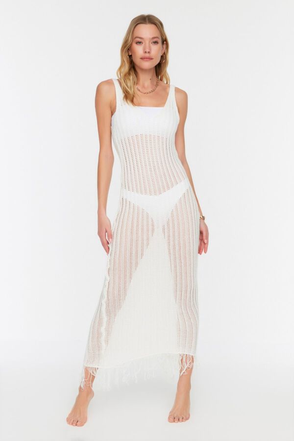 Trendyol Vestido midi de punto sin mangas marfil