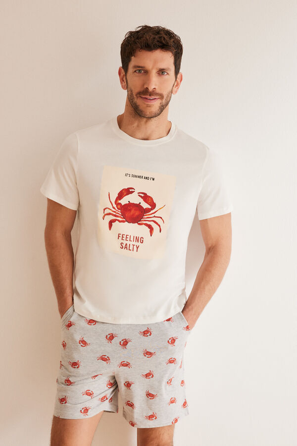 Womensecret Kurzer Pyjama Herren 100 % Baumwolle Krabben Naturweiß