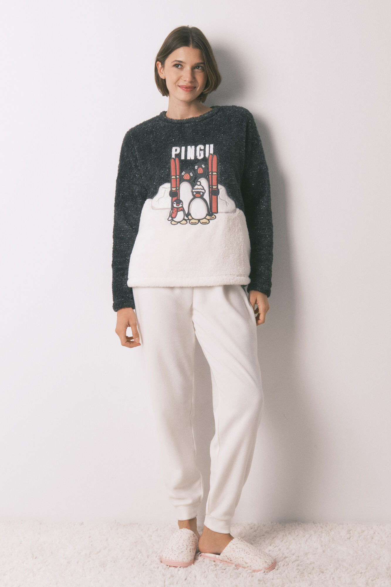 Women'secret Long soft pile fleece pyjamas, embroidered Pingu