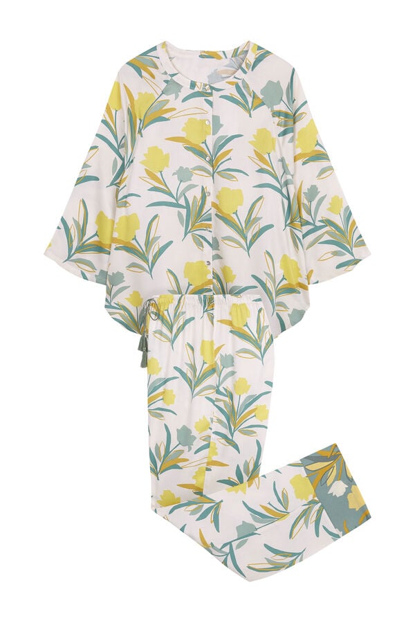 Womensecret Teljes felületén trópusi mintás, inges pizsama rávasalt mintás