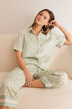 Womensecret Geometrikus mintás, kaprinadrágos, inges pizsama zöld