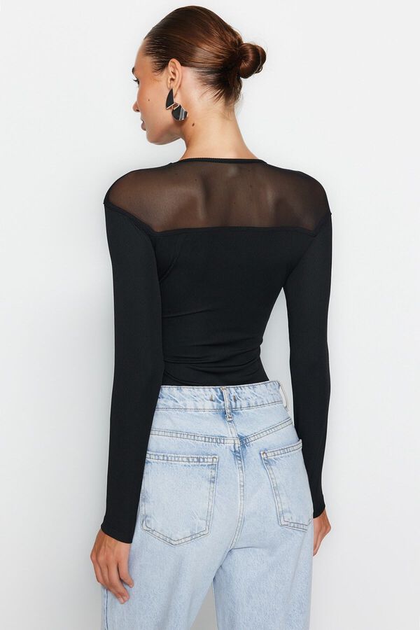 Trendyol Fitted Long Sleeve Bodysuit Top black