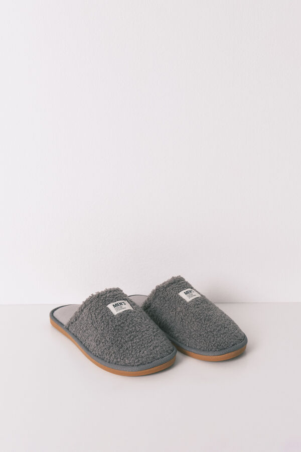 Women'secret Men's grey faux shearling slippers printed