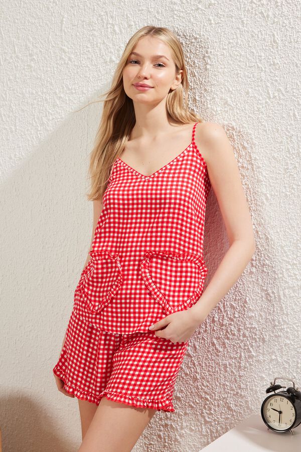 Trendyol Conjunto de pijama corto vichy corazones rojo