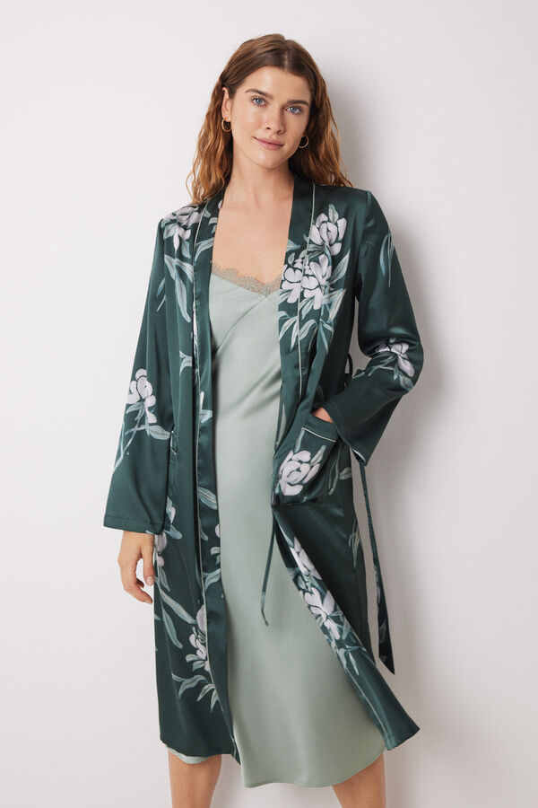 Womensecret Robe de chambre longue satin fleurs vert