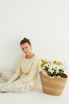 Womensecret Virágmintás, hosszú sárga pizsama, 100% pamutból rávasalt mintás