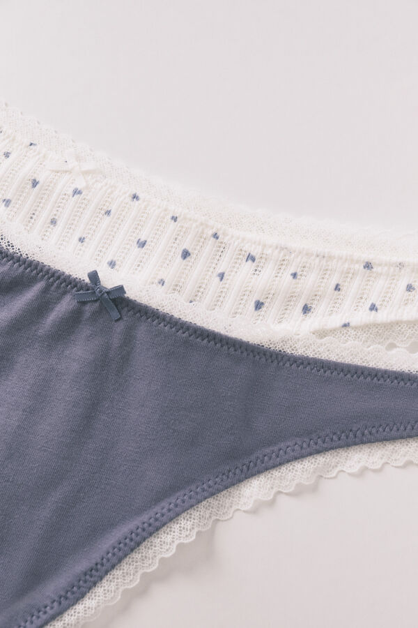 Women'secret Lot de 2 strings en coton bleu et imprim&eacute; blanc imprim&eacute;