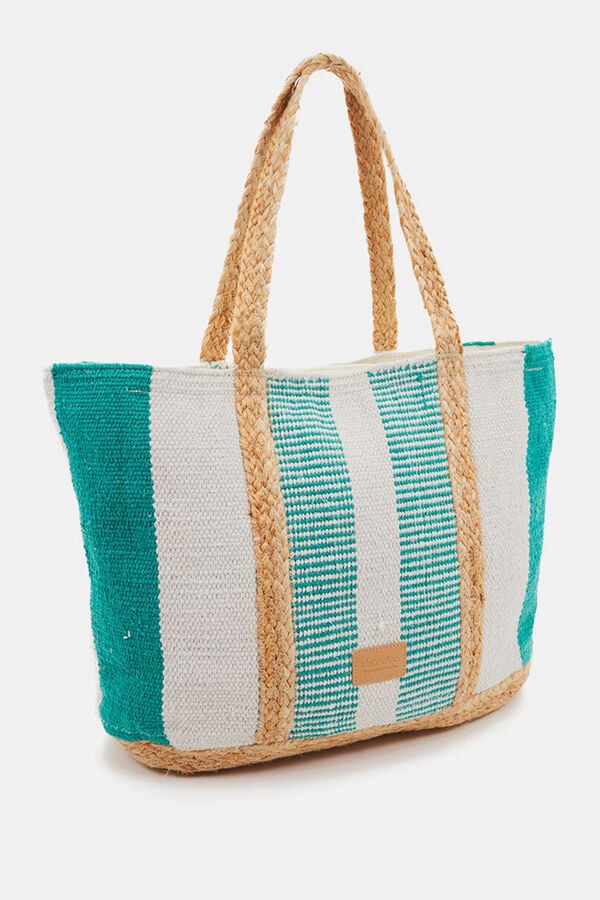 Womensecret Large raffia basket bag with striped print bleu