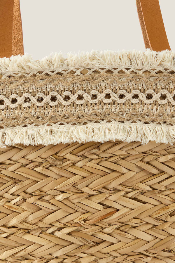 Womensecret Basket beach bag in natural fibres and decorative ribbons beige