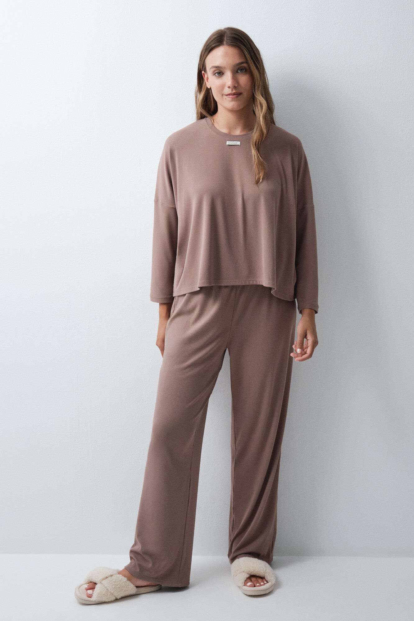 Women'secret Brown ribbed long pyjamas