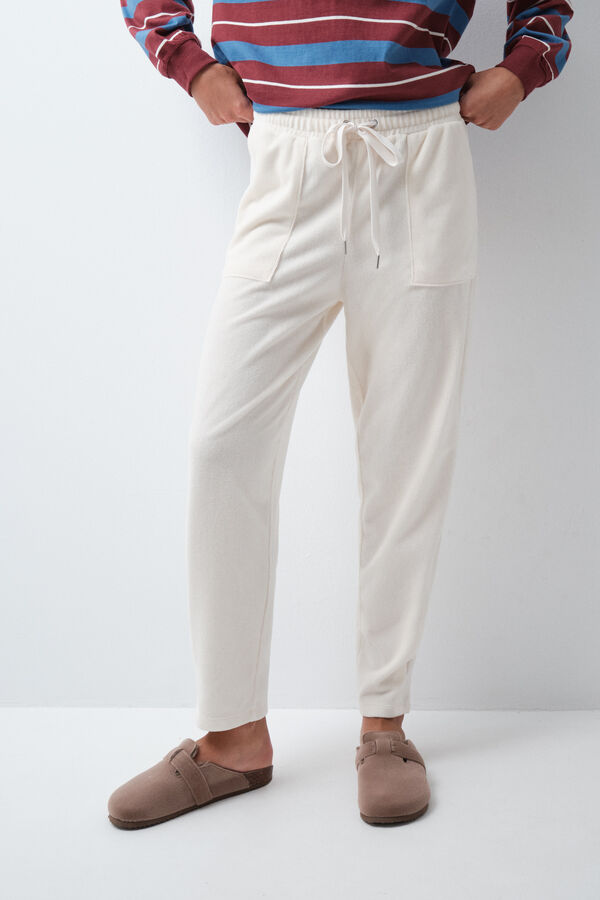 Women'secret Pantalon long en velours c&ocirc;tel&eacute; blanc beige