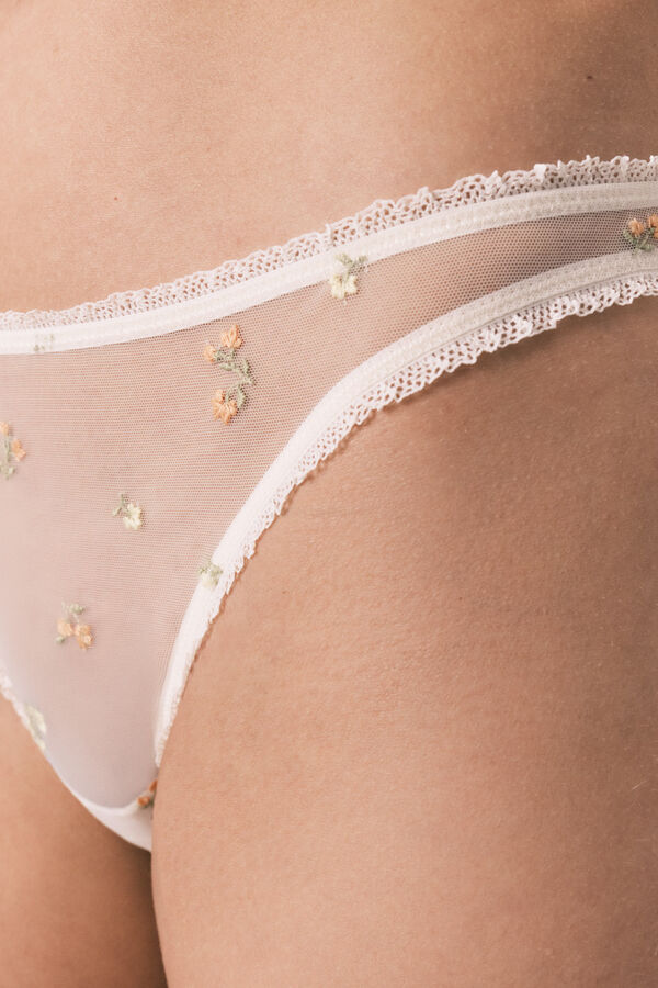 Women'secret White embroidered floral Brazilian panty beige