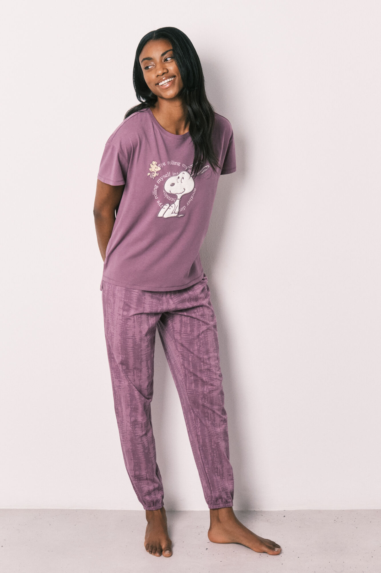 Women'secret Lila Baumwoll-Kurzarm-Pyjama lang SNOOPY
