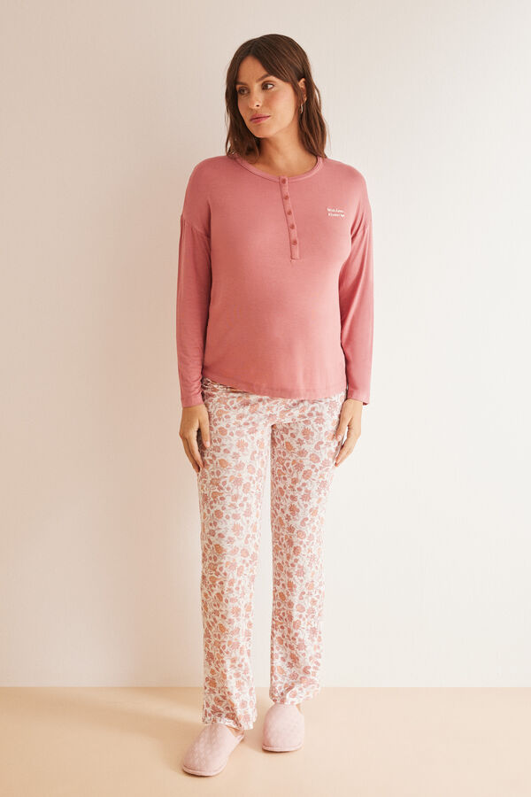 Womensecret Duga pidžama za trudnice ružičaste boje s cvjetnim uzorkom Roze