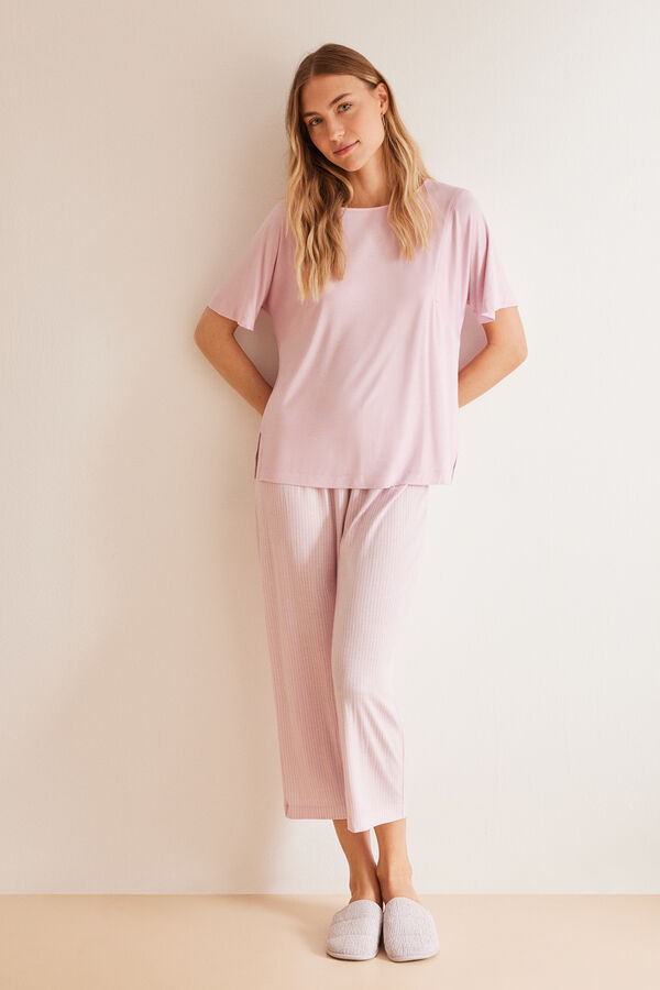Womensecret Ružicasta prugasta capri pidžama Ecovero™ Ružičasta
