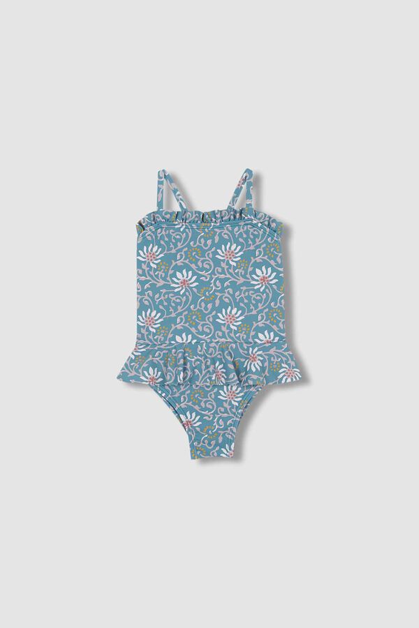 Womensecret Light blue floral print swimsuit with ruffle kék