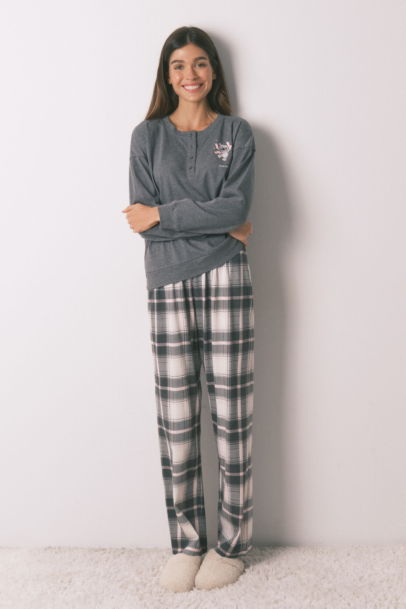 Women'secret Long pyjamas 100% cotton grey plaid Stitch