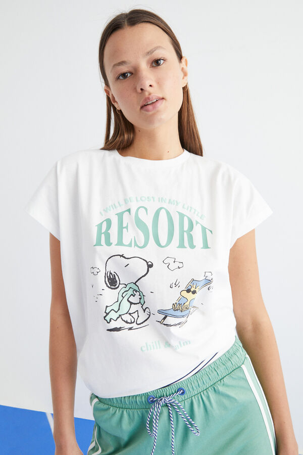 Womensecret Snoopy-mintás, hosszú fehér pizsama, 100% pamutból bézs