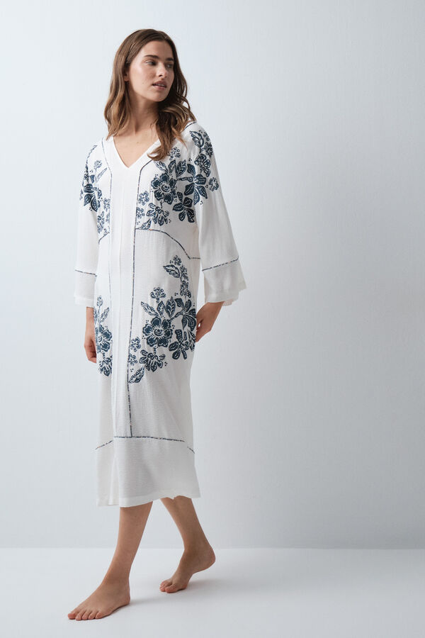 Women'secret Wei&szlig;es Viskose-Kaftankleid mit Blumenprint Naturwei&szlig;