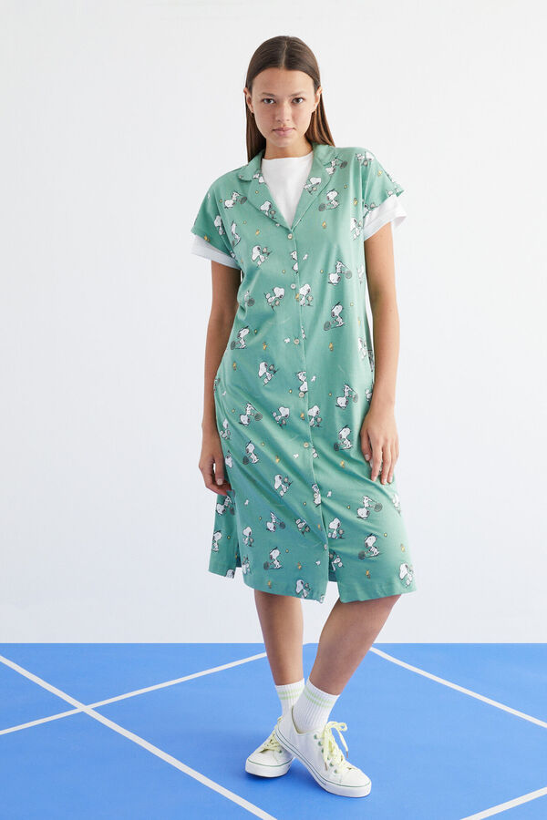 Womensecret Midi-Nachthemd Hemdlook 100 % Baumwolle Grün Snoopy mit Print