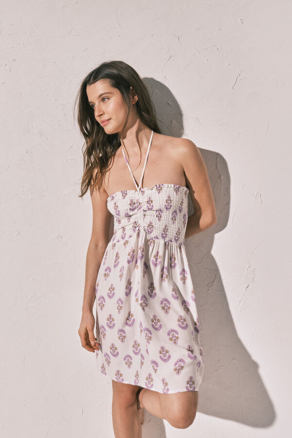 Women'secret Robe courte &agrave; d&eacute;collet&eacute; smock&eacute; imprim&eacute;e blanc