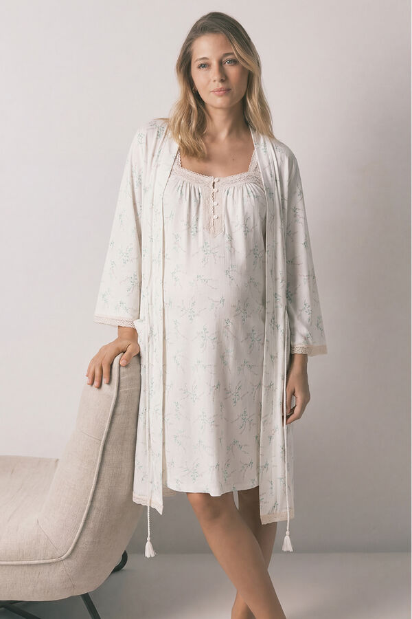 Women'secret Floral print cotton long maternity robe beige