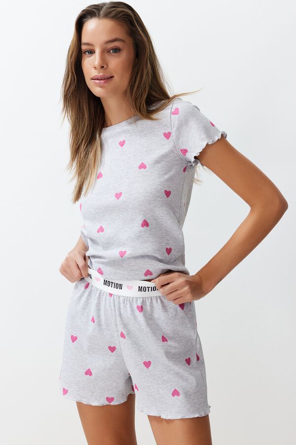 Trendyol Conjunto de pijama corto corazones gris