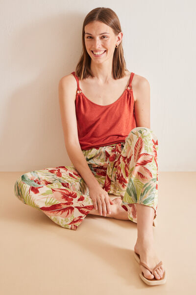 Womensecret Pantalón largo fluido tropical estampado