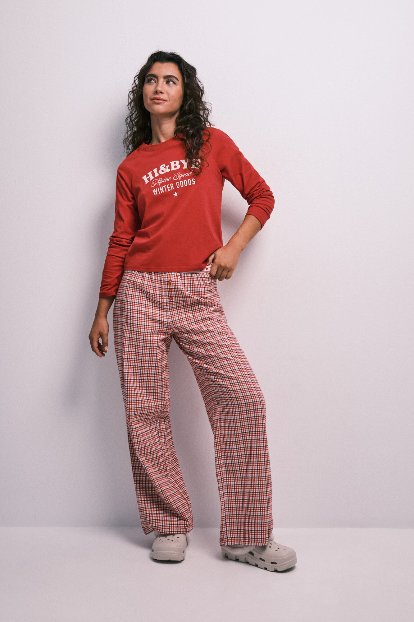 HI&BYE Red cotton plaid long pyjamas