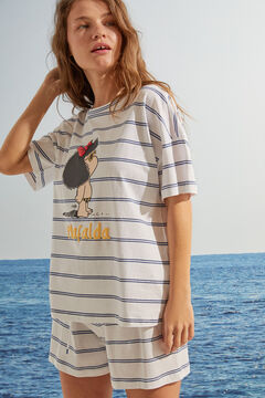 Womensecret Mafalda-mintás, csíkos rövid pizsama, 100% pamutból bézs