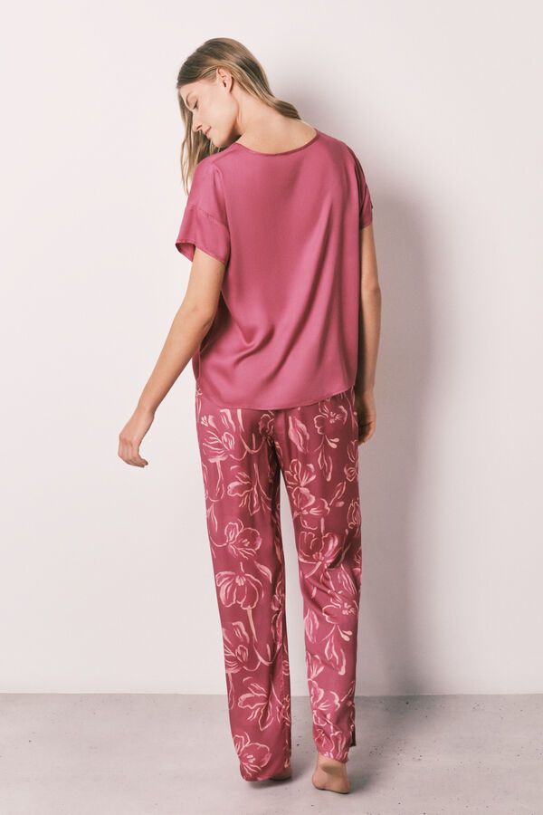 Women'secret Burgundy satin-finish short sleeve long pyjamas pink