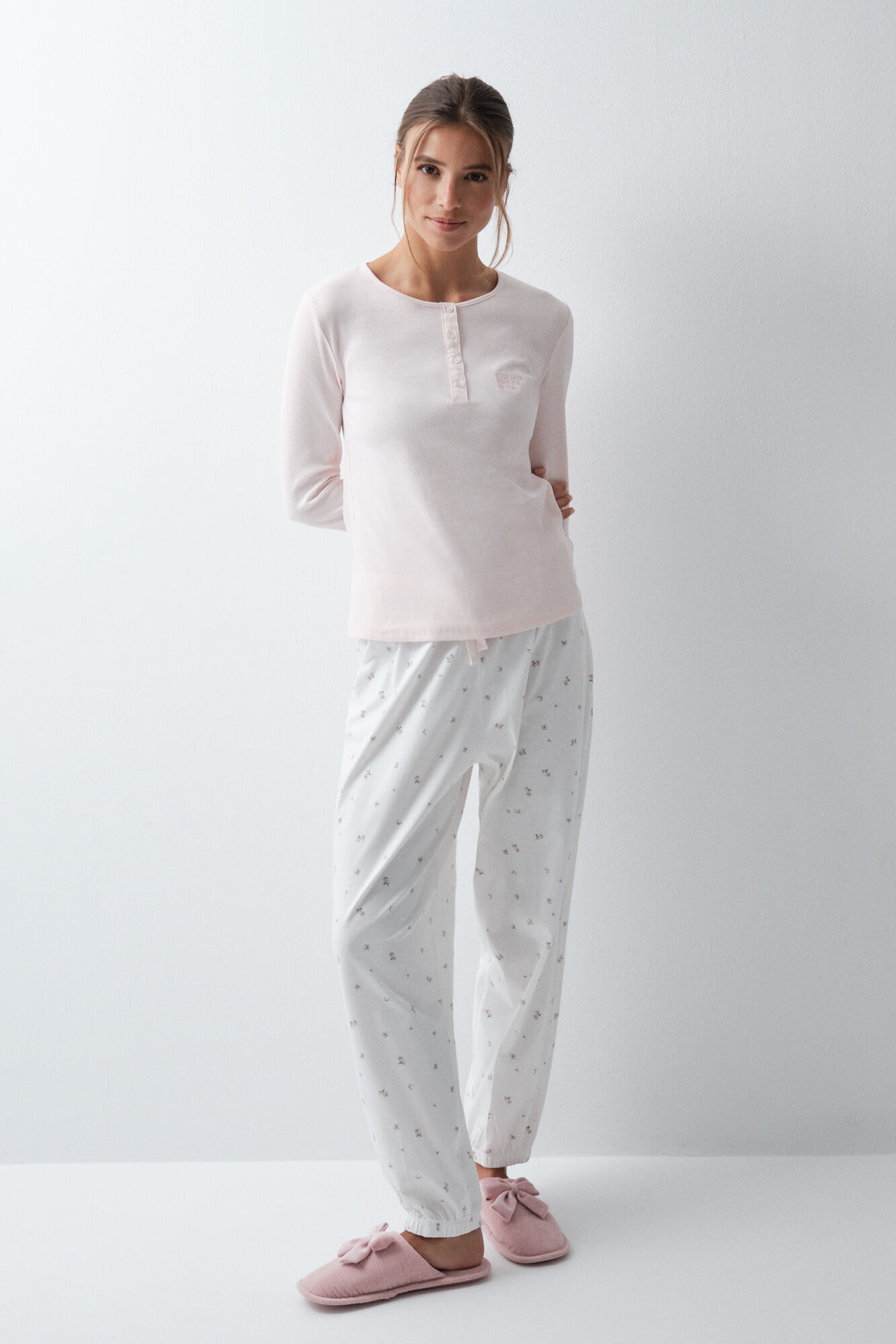 Women'secret Light pink cotton floral long pyjamas