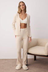 Trendyol Ribbed jersey-knit long pyjamas set with beige striped cardigan  brown